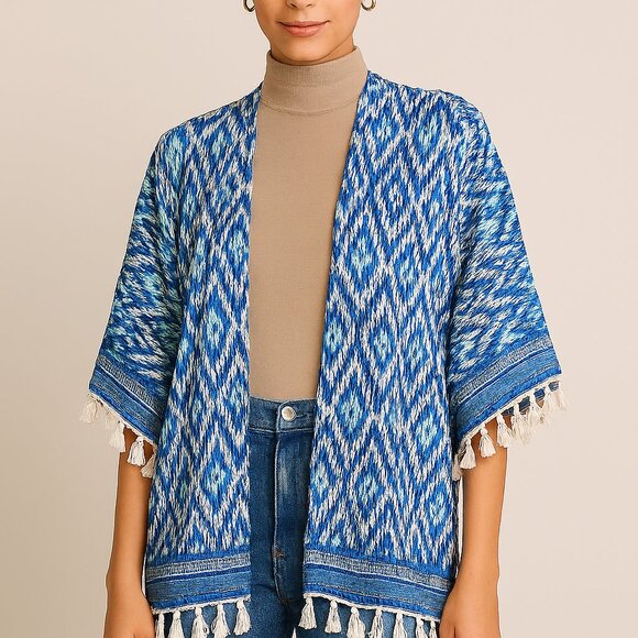 Vintage Bobbie Brooks Woman's Kimono Duster Cover Up Aztec Southwest Blue Cotton - Picture 1 of 9